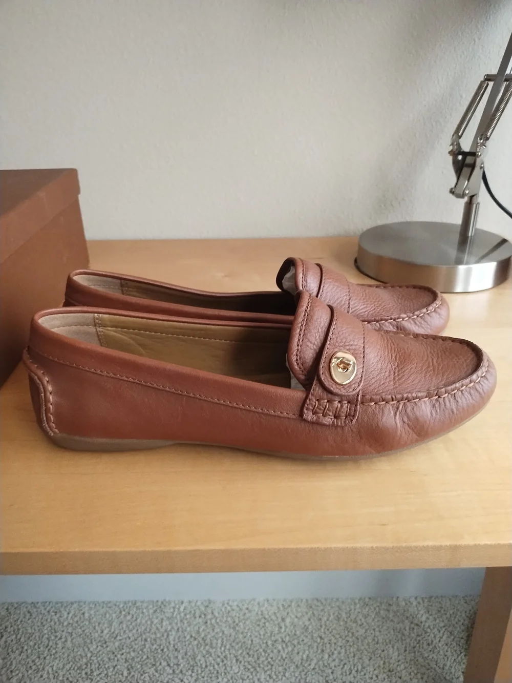 Coach Saddle Brown Leather Loafers with Gold-Tone Accent - Picture 5 of 9